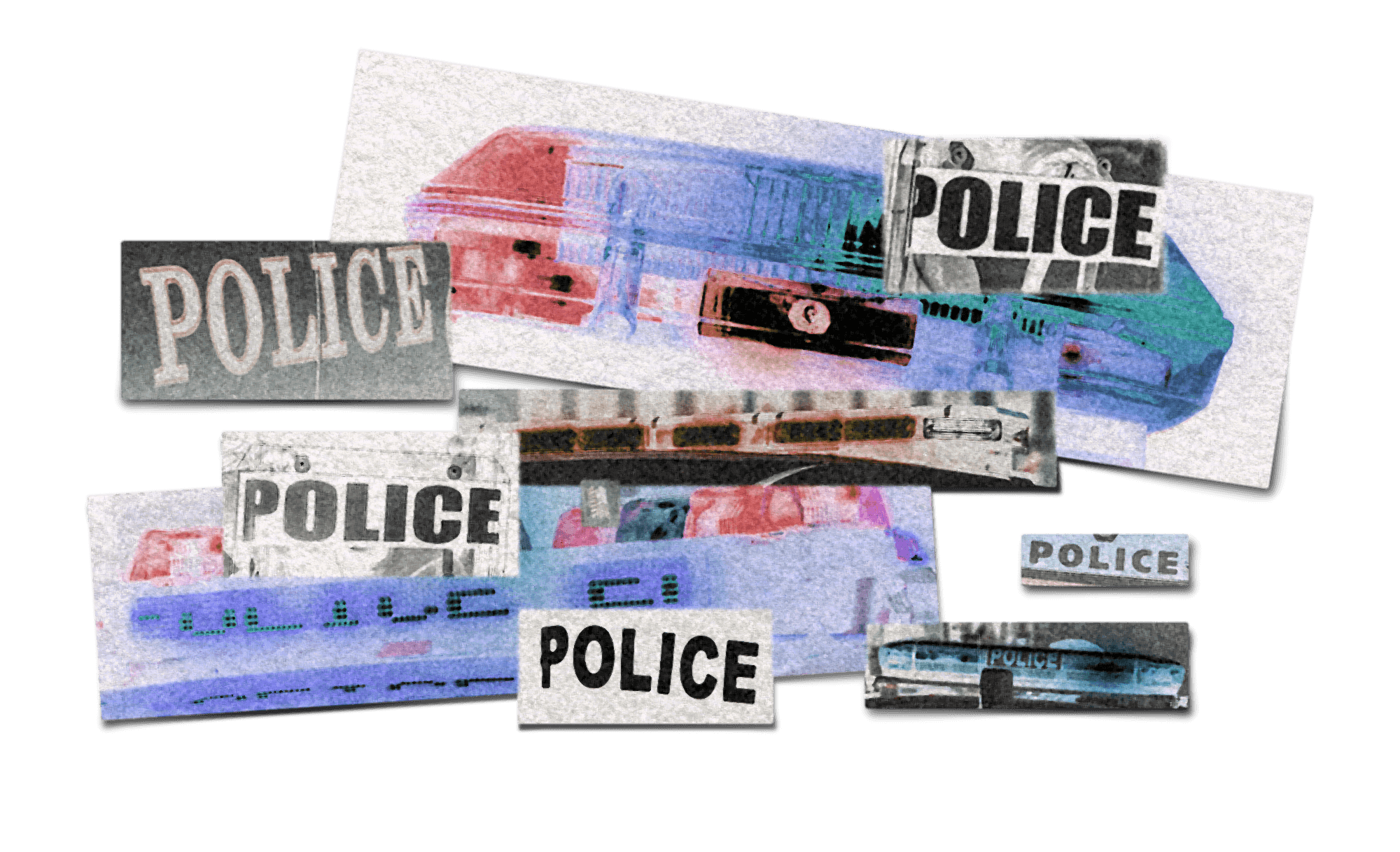 Illustration of police lights, badges, and uniforms