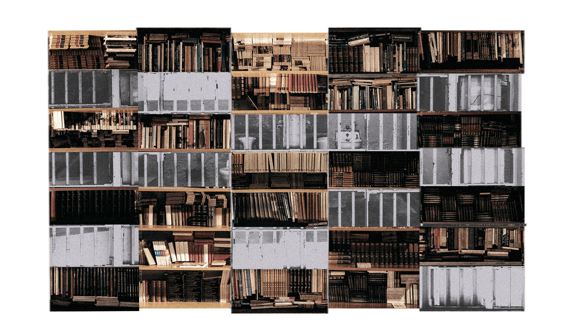 Illustration of a prison cell collaged with a bookcase
